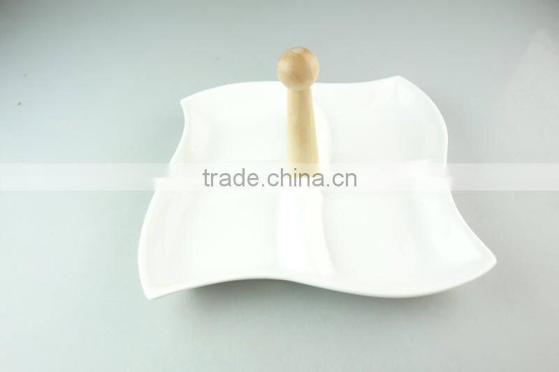 Ceramic porcelain divided plate Square unique shaped serving snack plate with wooden handle