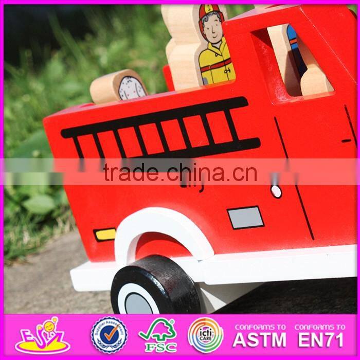 2017 New products dog and four firemen wooden toy fire trucks W04A315