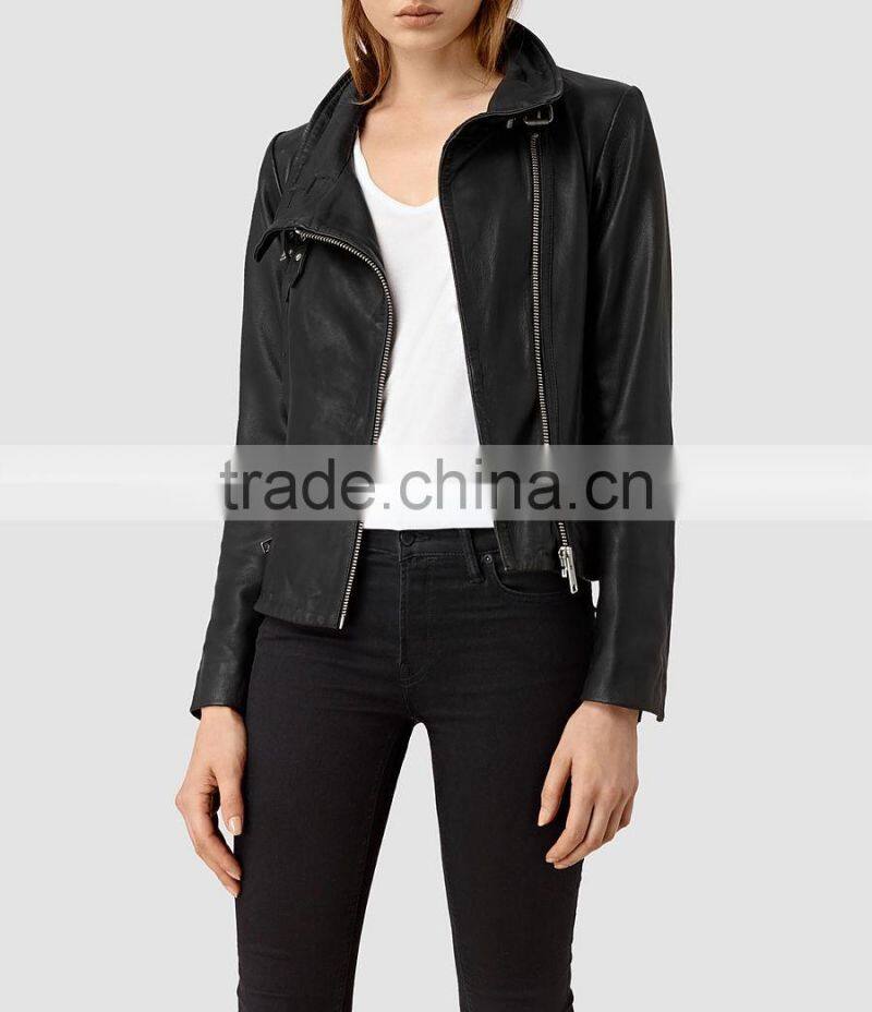 Fashion double buckle high collar asmmetric zip fastening faux PU leather winter biker jacket women