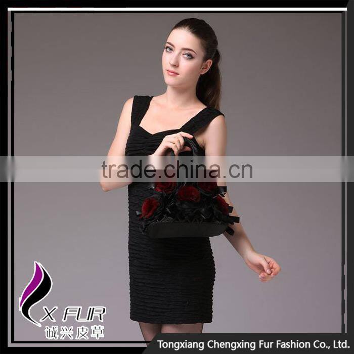 CX-H-30C Genuine Rex Fur Flower Handmade Evening Women Bag