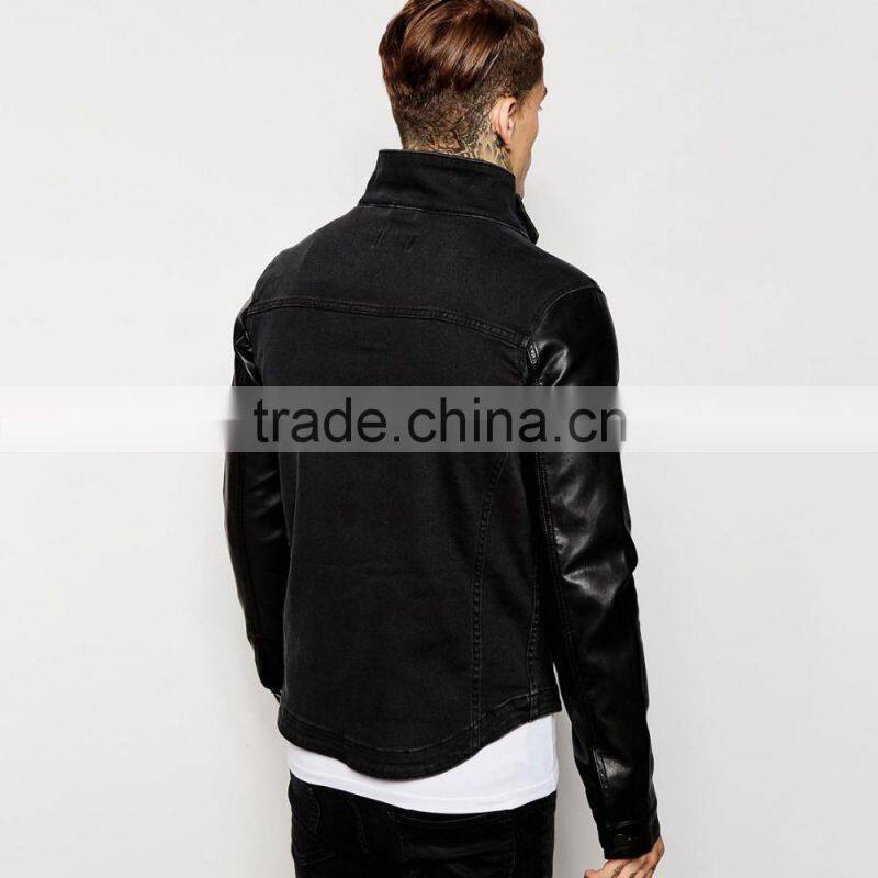 fashion denim black sleeves leather jacket with pocket custom design