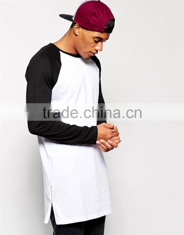 Mens Raglan T shirt Super Longline Sleeve Zipper T shirt