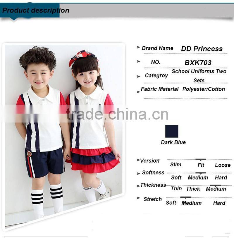 China Wholesale Boys and Girls Customised Cotton Summer school uniform design with pictures short sleeves T-shirts trouser skirt