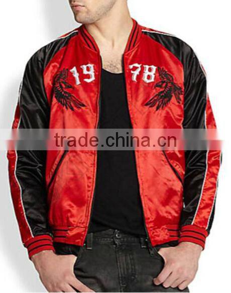 Embroidered Satin Bomber Jacket,sporty cool jacket,rib collar and sleeve cuff jacket