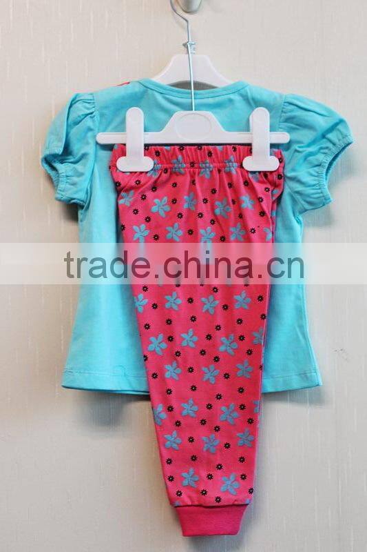 Wholesale Fashion Baby Knitted Pajama Printed Cap Sleeve Top +Long Pan Girls 2 Pcs Set TP-7711