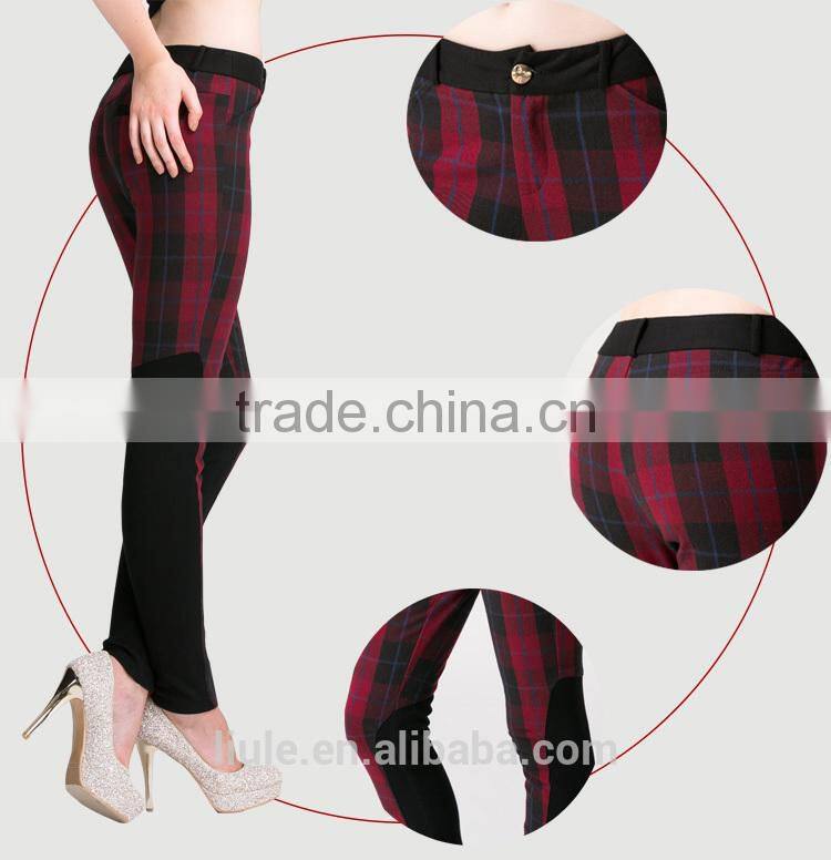 red plaid women casual pants with elastic fabric