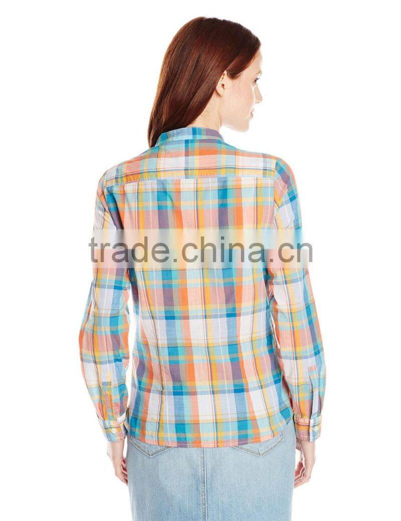 Chest pockets checked Slightly fitted mini stand collar 100 cotton blouse/shirt
