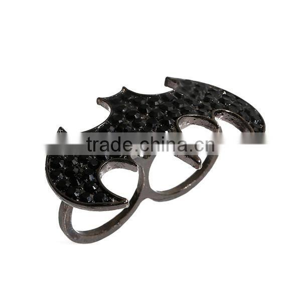 3D Unadjustable Double Finger Ring Gunmetal Black Rhinestone Halloween Bat Animal Round 15.7mm 16.5mm