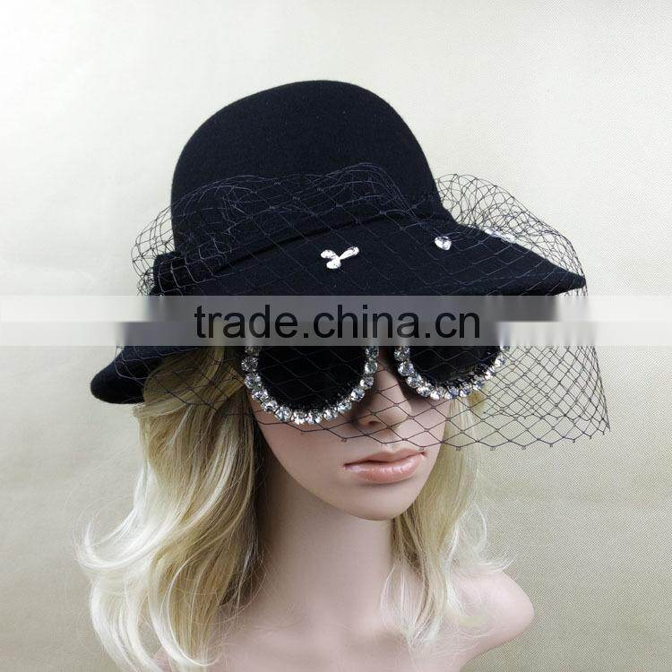 Hot Sale Women's Wide Brim Wool Felt Hats With Veil Fascinator
