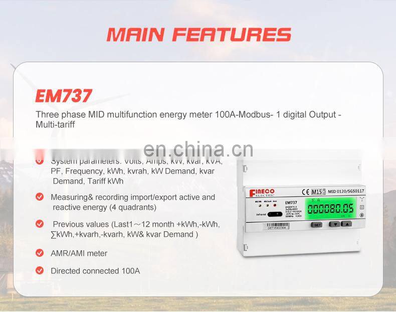 EM737 3*230/400V 10(100)A MID certificated solar watt meter record meter reverse electric with infrared port meter