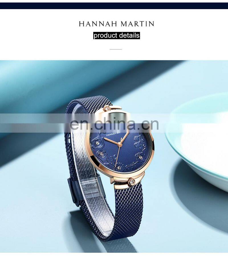 Hannah Martin 119 New Hot Sale Women Watch Rhinestone Embossed Rose Gold Mesh Belt Japanese Movement Waterproof Quartz Watch