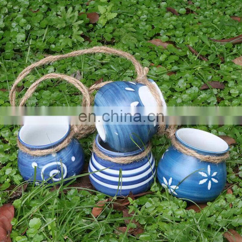 4pcs/set Wall-mounted Ceramics Flower Pots & Planters Home Decor Succulent Hemp Rope Ceramic Flowerpot Plant Hanging Pot