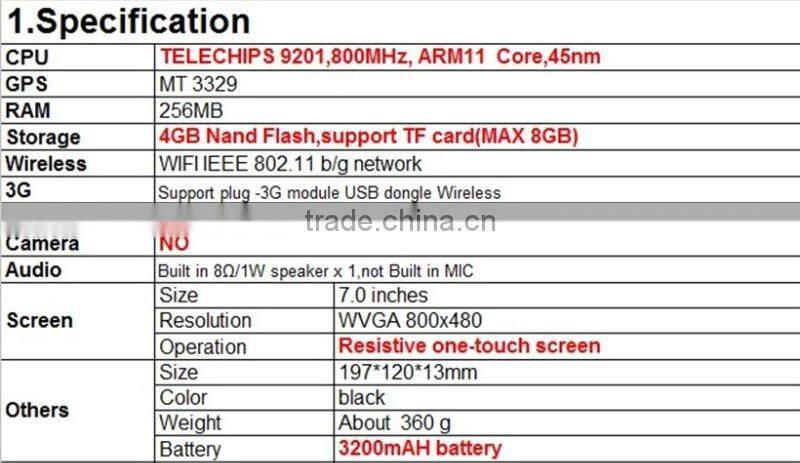New 7 " WVGA 800 X 480 android 2.3 256MB 4GB Nand Flash , WIFI IEEE 802.11b/g Nerwork Tablet PC