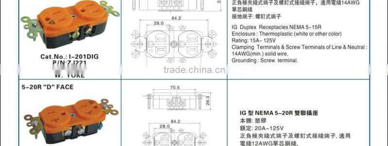 UL Listed PC Material Residential Grade Straight Blade Duplex Receptacle/NEMA 5-20r Receptacle/NEMA 5-15r receptacle