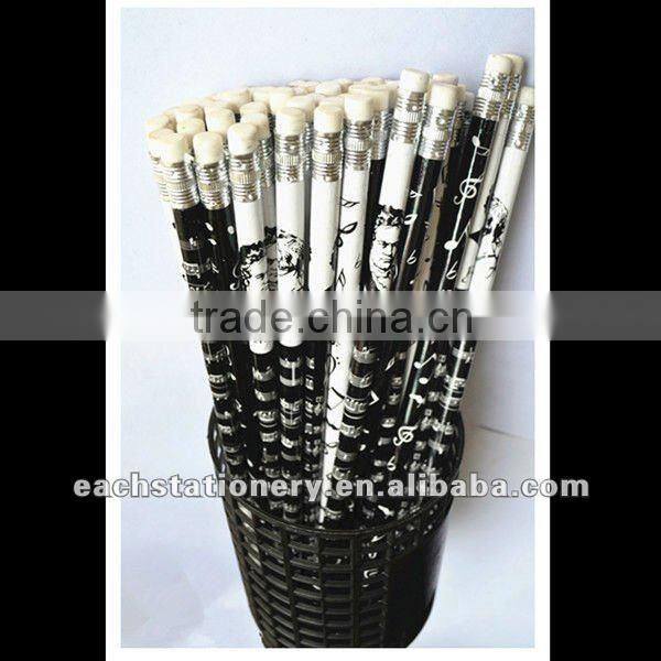 BSCI supplier HB lead hot transfer printing round shape music tattoo pencil with note