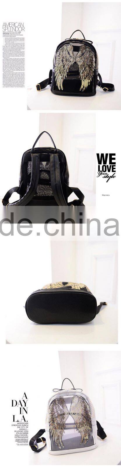 Korea fashion paillette women leather backpack outdoor bag