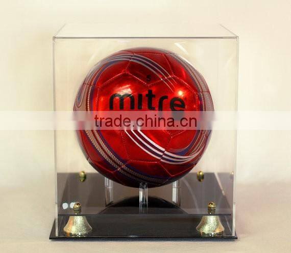 Soccer ball display case full size 85% UV filtering acrylic memorabilia collectible showcase with clear pegs to hold soccer ball