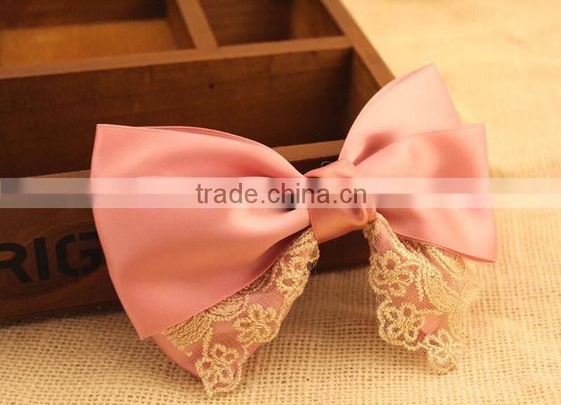 Large three layered satin ribbon bow Clip,Gold Lace bow Flower
