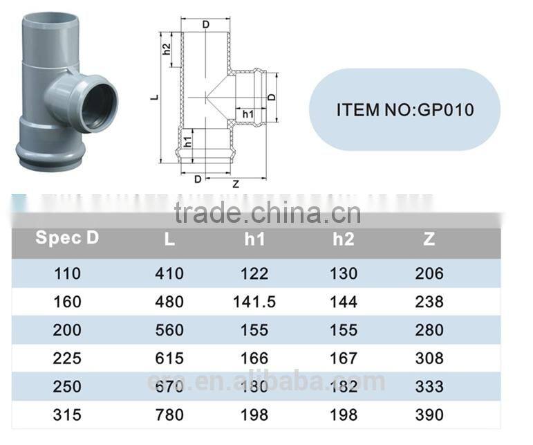 ERA pvc rubber ring fittings PVC fittings with gasket reducing tee MF