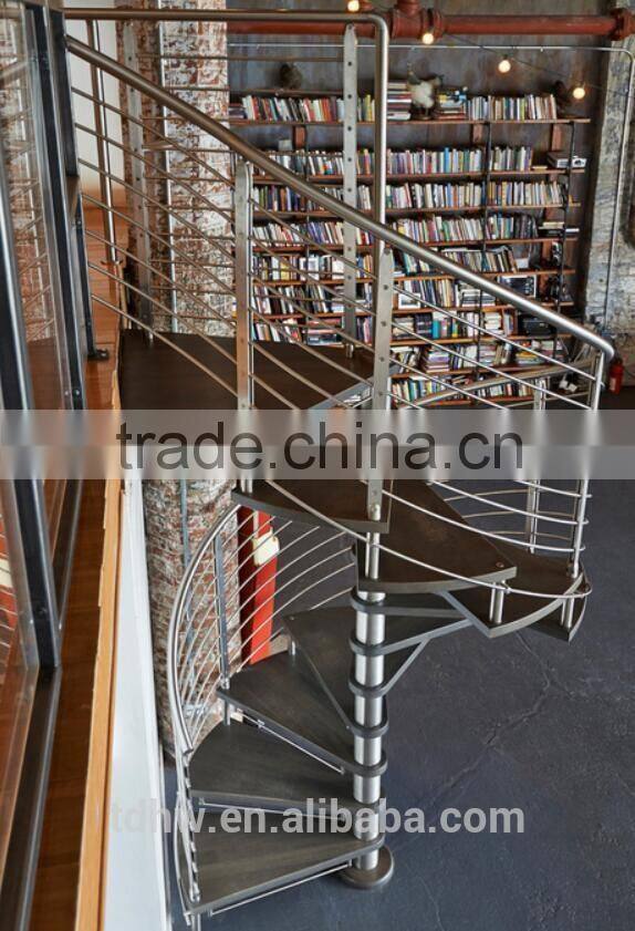 indoor steel wood spiral staircase with stainless steel railing