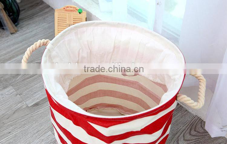 2015 new Zakka stripe The beam port Linen Multi-function Handle Stackable storage barrel Laundry basket Toy Storage box