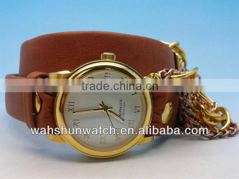 2014 Latest fashion waterproof long strap gold popular leather retro women watches