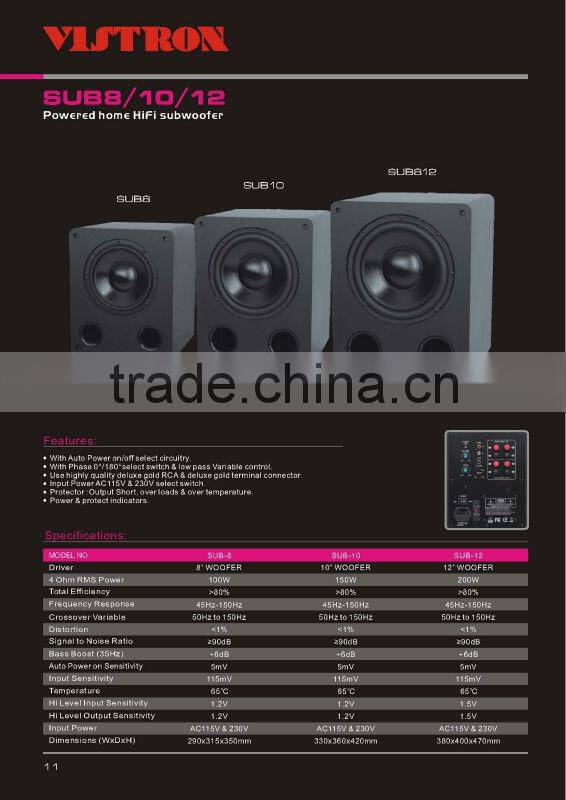 SUB-8 dongguan supply 8 inch professional hi-fi active Subwoofer