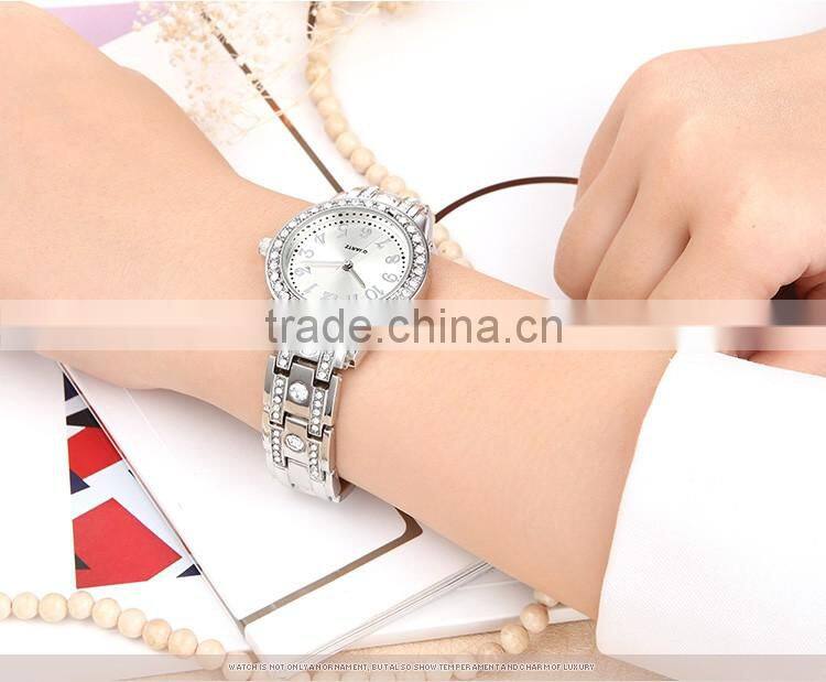 Custom sales alloy promotional wrist watch PC21S movement silver watch With bright stone on the case