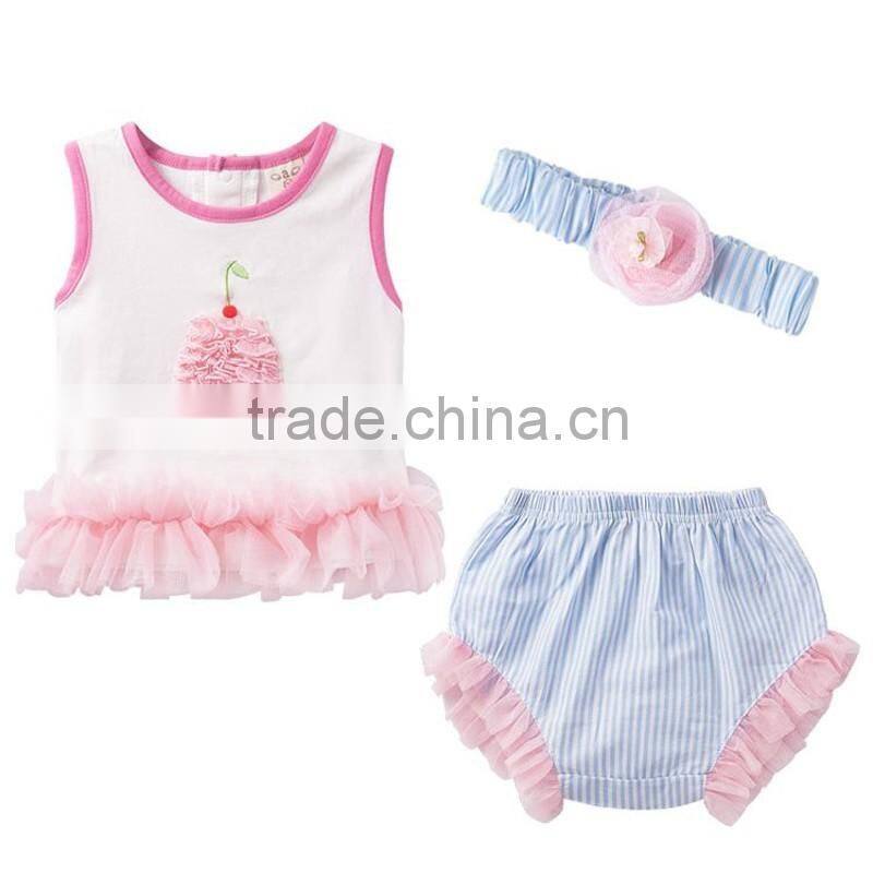 Wholesale Brand Summer Toddler Infant Girls Birthday Party Outfits Headband+Top+ Bloomers Kids Newborn Clothes