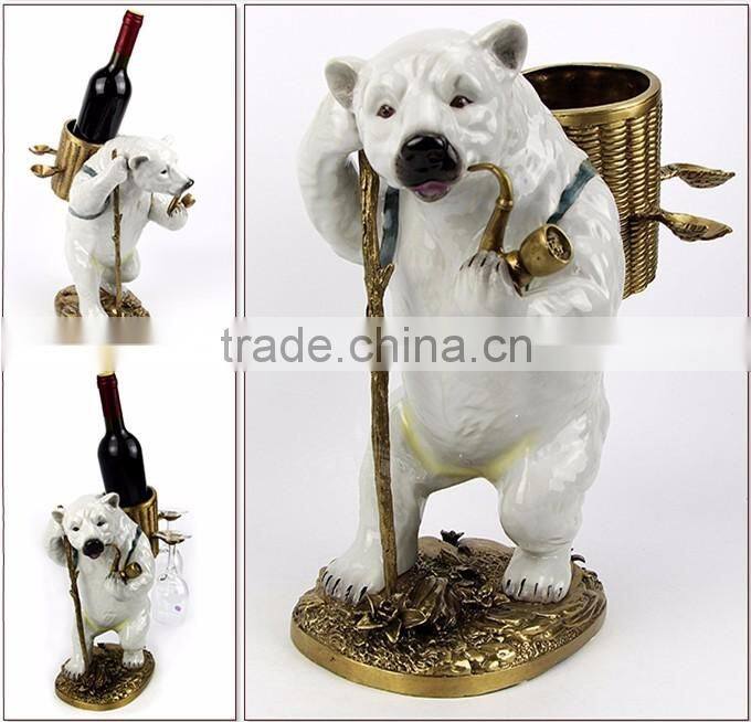 Lovely Ceramic Bear Carring Bronze Basket Decorative Wine Bottle & Glasses Holder, Imitated Porcelain Bear With Brass Wine Rack