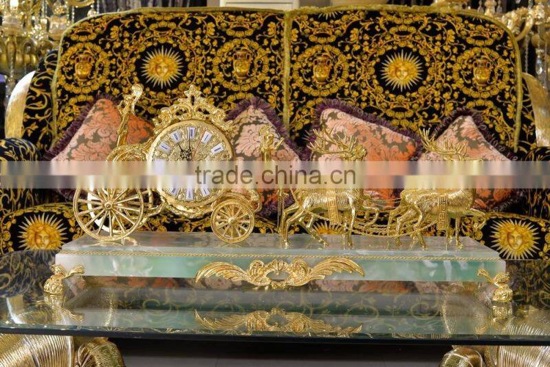 Antique 24K Gold Plated Deer Pulling Cart Table Clock, Marble Base Design Copper Table Clock