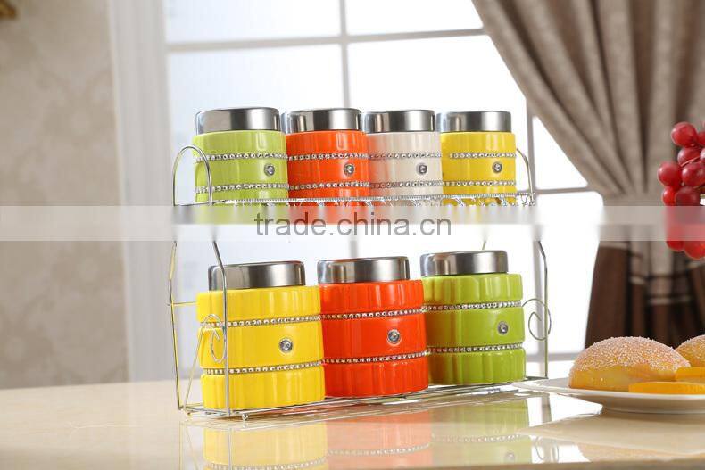 kitchenware useful ceramic canister set with stainless metal stand