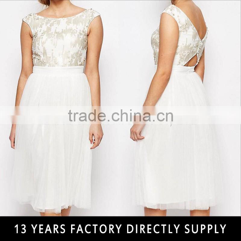 Customized New fashion cap sleeve free prom one piece dress sequin stitching double layer chiffon dress