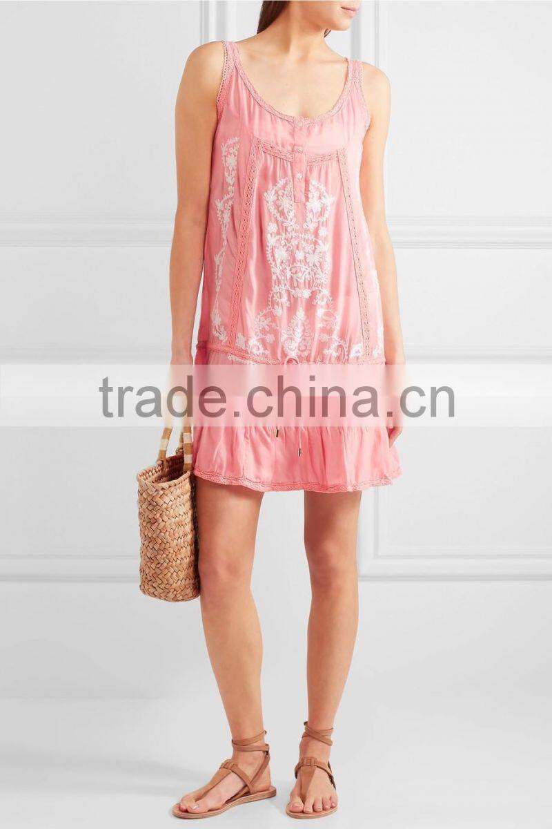 Pretty Boho Crochet-Trimmed Mexican Embroidered Semi-sheer Voile Beach Mini Dress Names Of Girls Dresses HSD5890