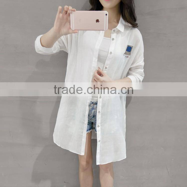 Oversized ladies sheer cotton designer shirts fashion side slits ladies long shirts