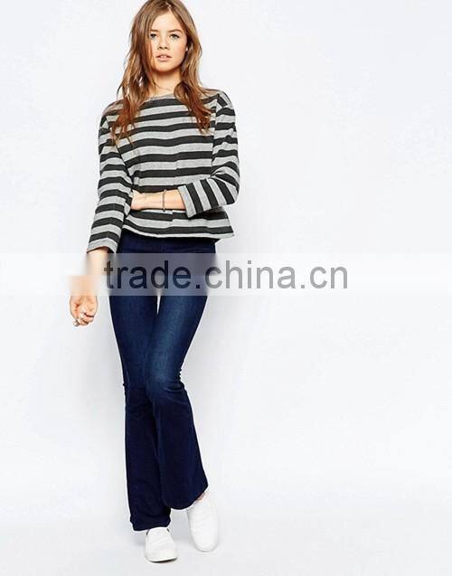 Round neck stripe cropped sweatshirts with raw hem
