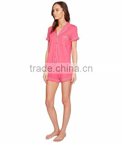 Pink Short Pyjamas Set Contrast Piping New York Pajamas Sleepwear Clothing Short Sleeves And Short Pants Shirttail Hem Nightwear