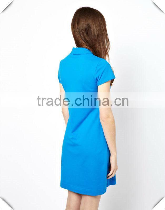 2015 New Arrival Womens Short Sleeve Stretch Pique Classic Polo Dress Plain Blue 100% Cotton Pique Polo Dress