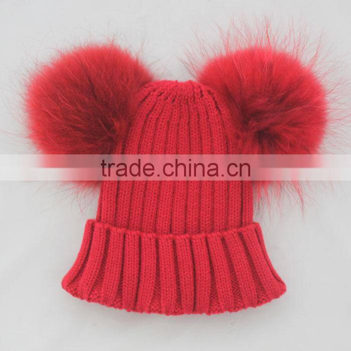 Myfur Genuine White Color Children Knitting Hat with Double Raccoon Fur Balls