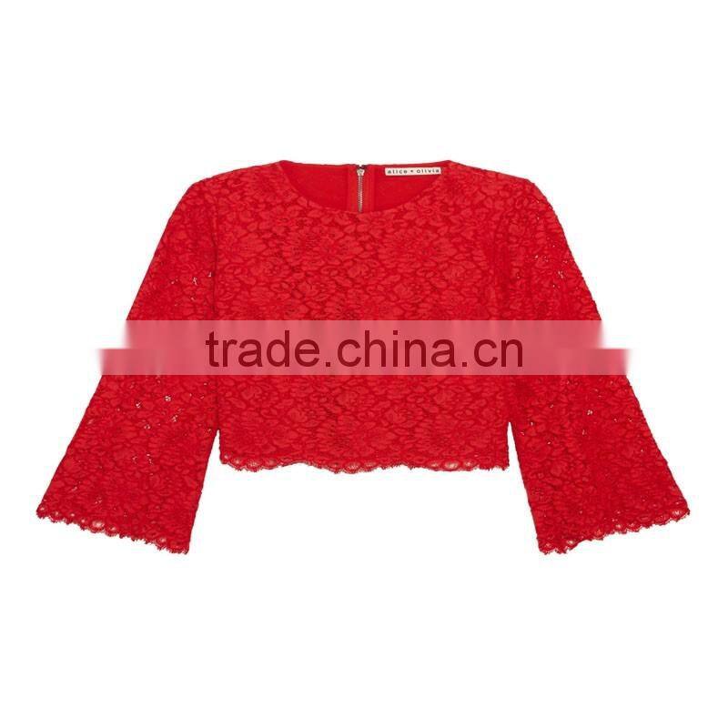 Latest spring design fashion red lace blouses for ladies elegent long sleeve women tops