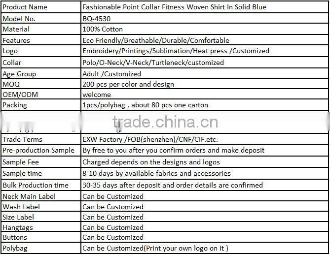 Fashionable Point Collar Fitness Woven Shirt In Solid Blue