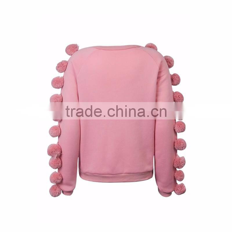 Ladies Cute Pink Pom Pom Embellished Sleeve Basic Sweatshirts