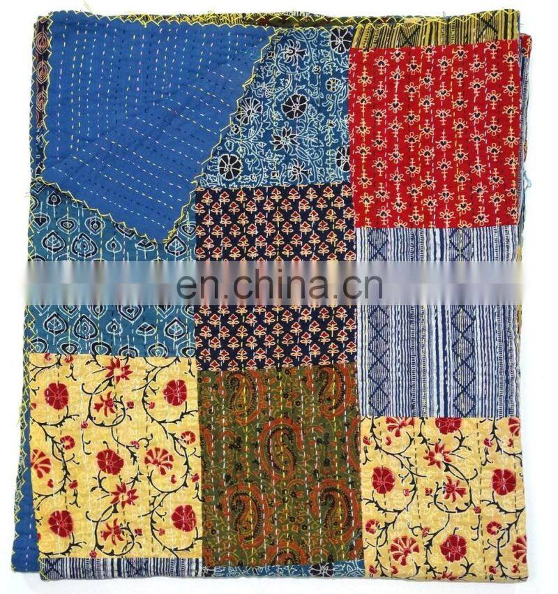 Ajrakh Block Print Kantha Patchwork Kantha Quilt Hand Block Print Fabric Indigo Print Multi Colour Bed Cover
