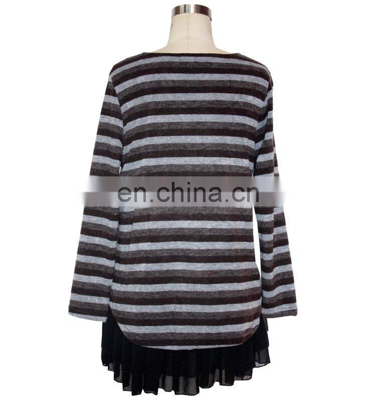 With Chiffon Lining Acrylic Striped Frill Hem Casual Wear Tunic For Fat Women