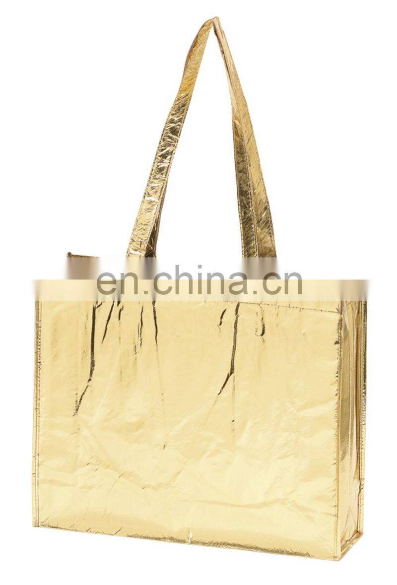 Golden Laminated PP woven tote bag, reusable folding shopping bags