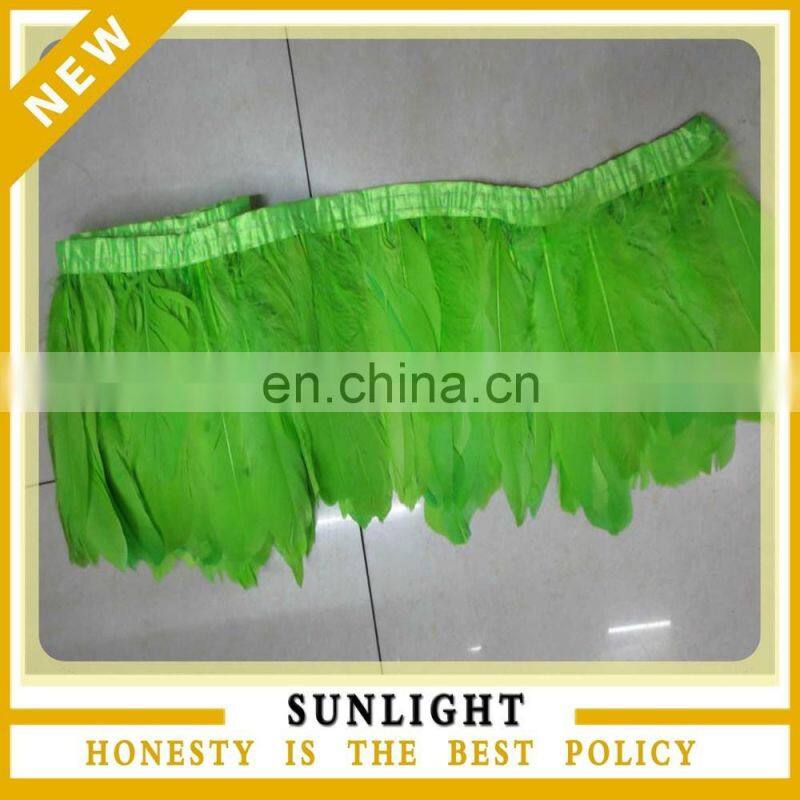 Wholesale Dyed Green Goose Feather Trimming with Satin Ribbon Tape