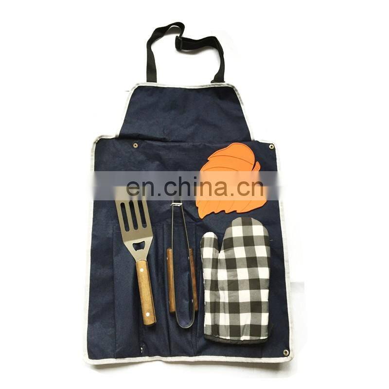 High quality cotton apron glove stainless steel BBQ tool set