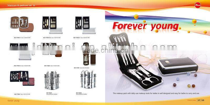 Travel manicure set in hard, purple leopard print case Vintage unused Hong Kong manicure set