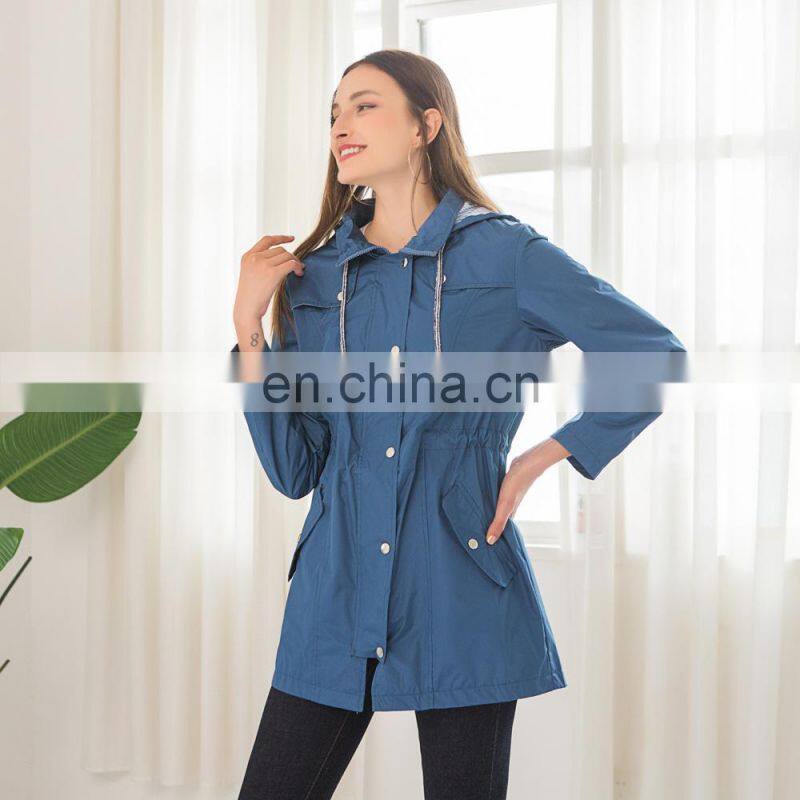 Wholesale Amazon burst casual waterproof waist hoodie female mid-autumn long raincoat ZIP jacket female