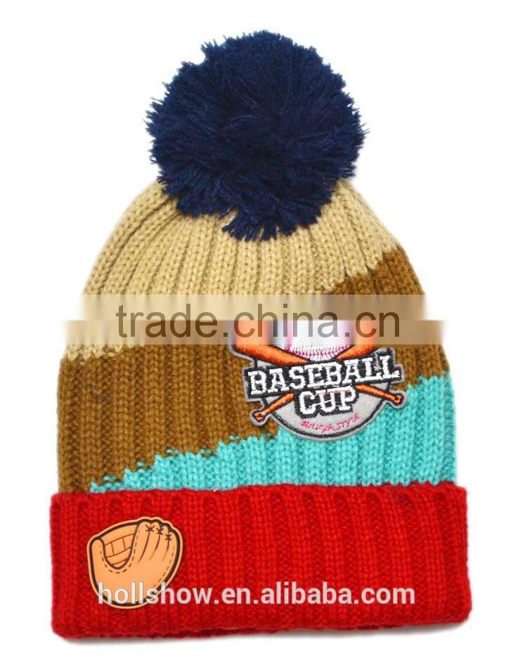 2015 Autumn Winter Newest Four Color Mixed Baseball Cup Applique Pom Pom Style Kids Knitted Wool Hat